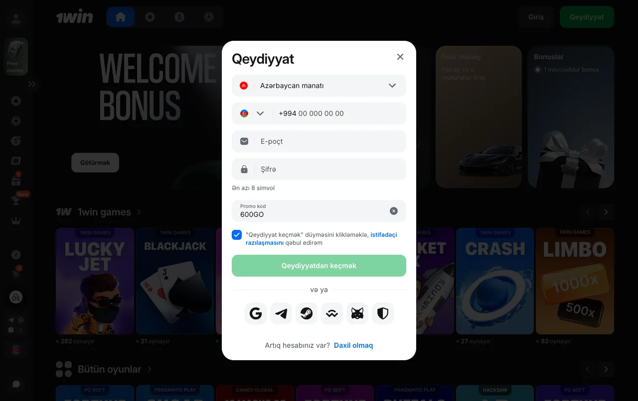 1win qeydiyyat forması: hesab valyutası, telefon, e-poçt və promo kod 600GO