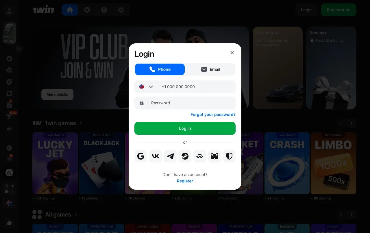 1win login form: Phone and Email tabs, and the Log in button