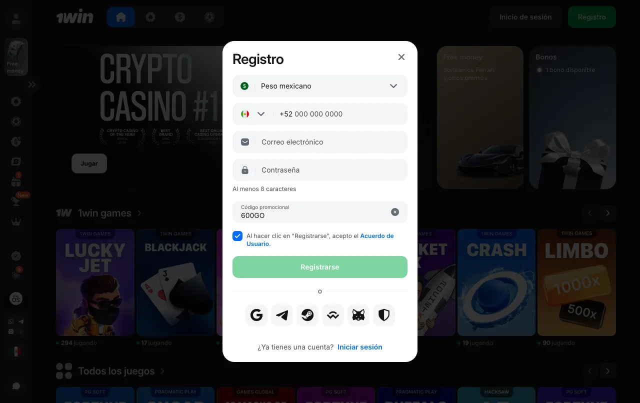 Formulario de registro de 1win: moneda de la cuenta, celular, correo y código promocional 600BINGO