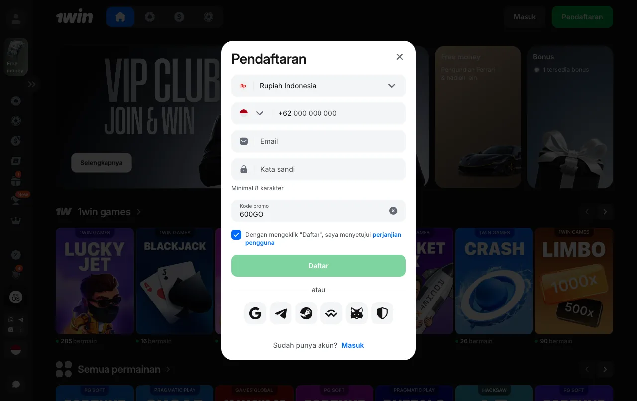 Formulir daftar 1win: mata uang akun, ponsel, email, dan kode promo 600GO