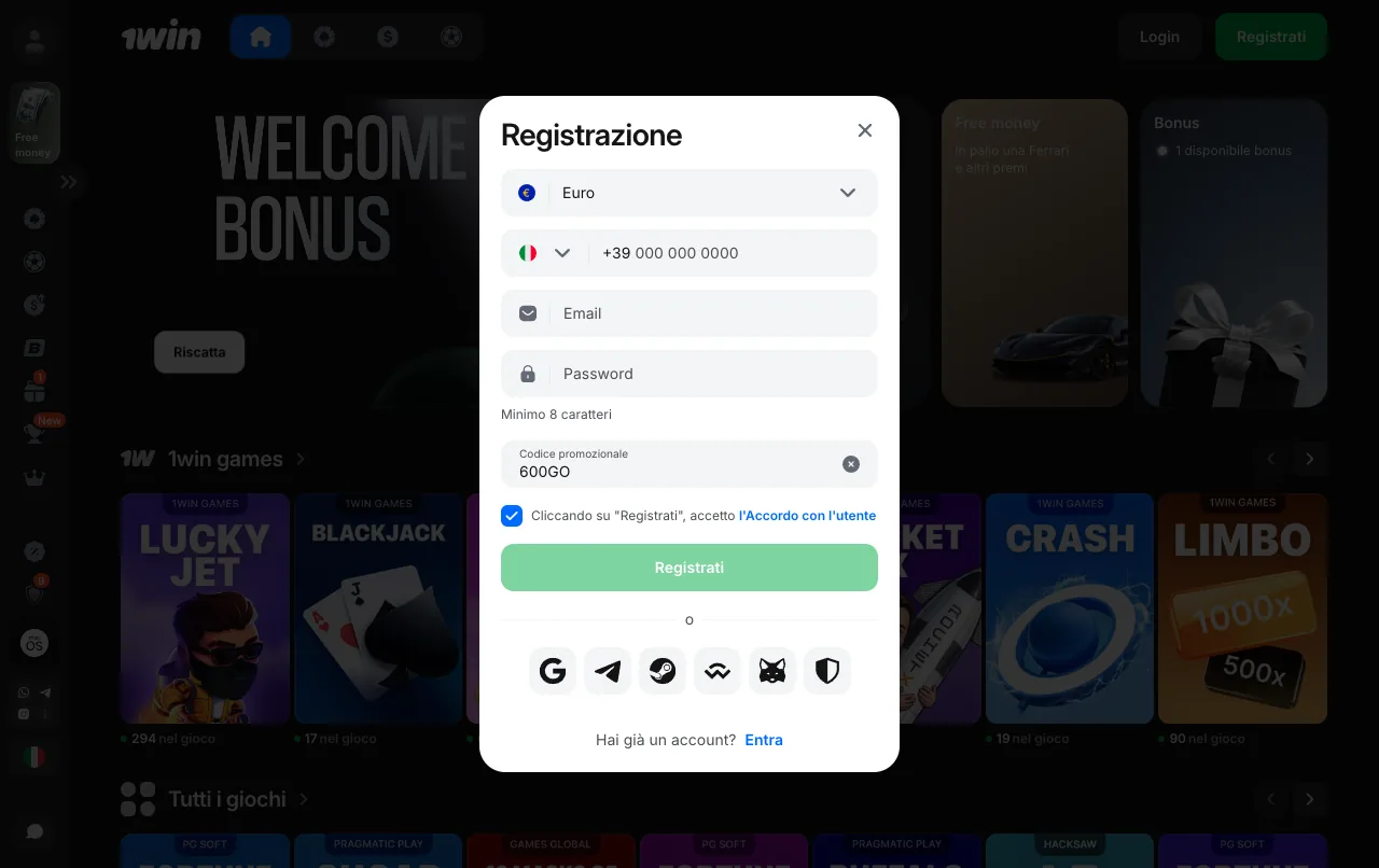 Modulo di registrazione 1win: valuta del conto, telefono, e-mail e codice promo 600GO
