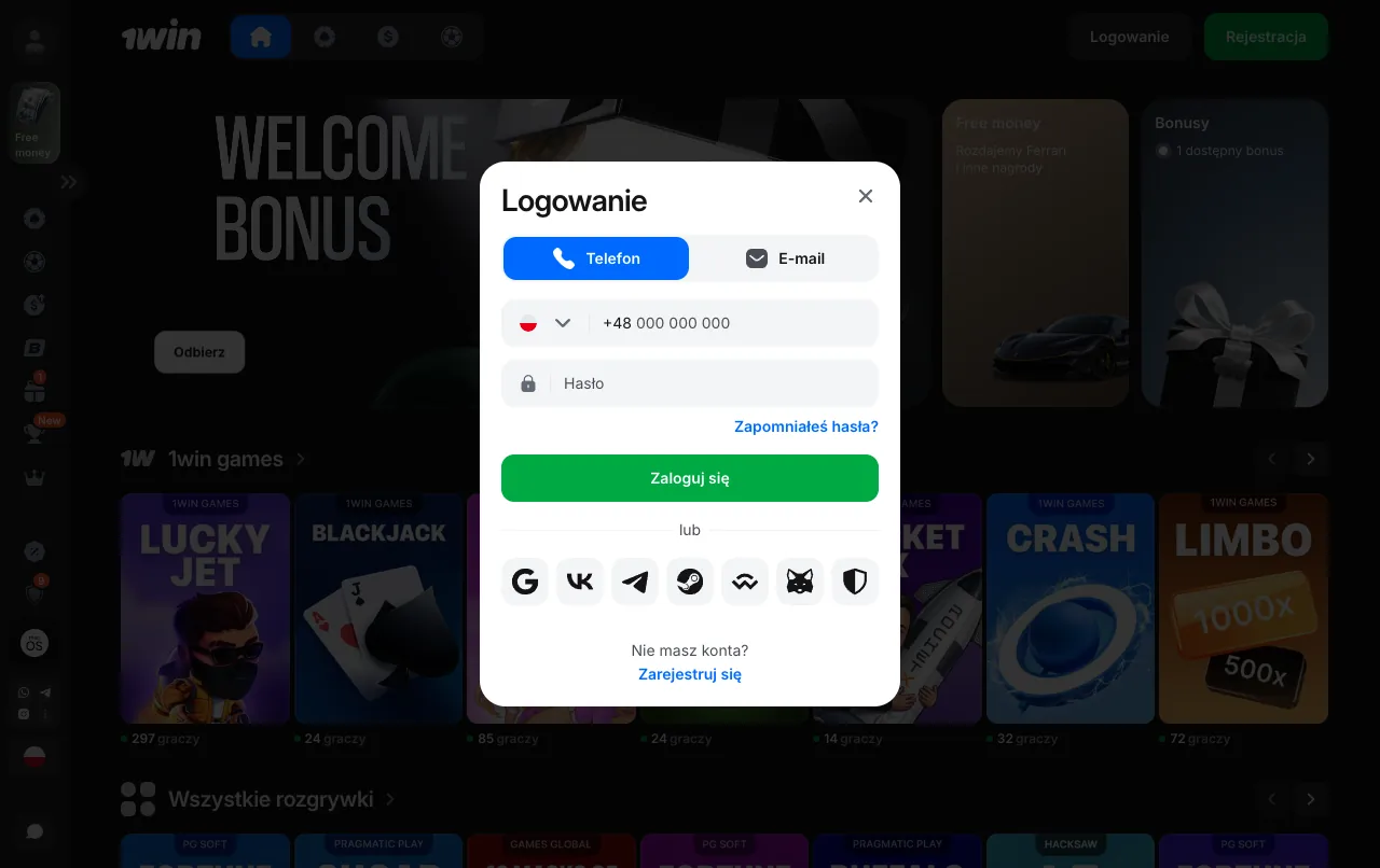 Formularz logowania 1win: karty Telefon i E-mail oraz przycisk Zaloguj się