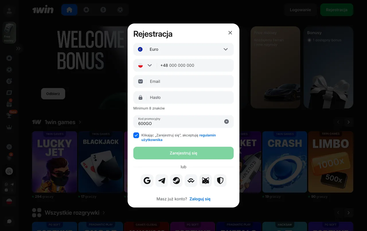 Formularz rejestracji 1win: waluta konta, telefon, e-mail i kod promocyjny 600GO