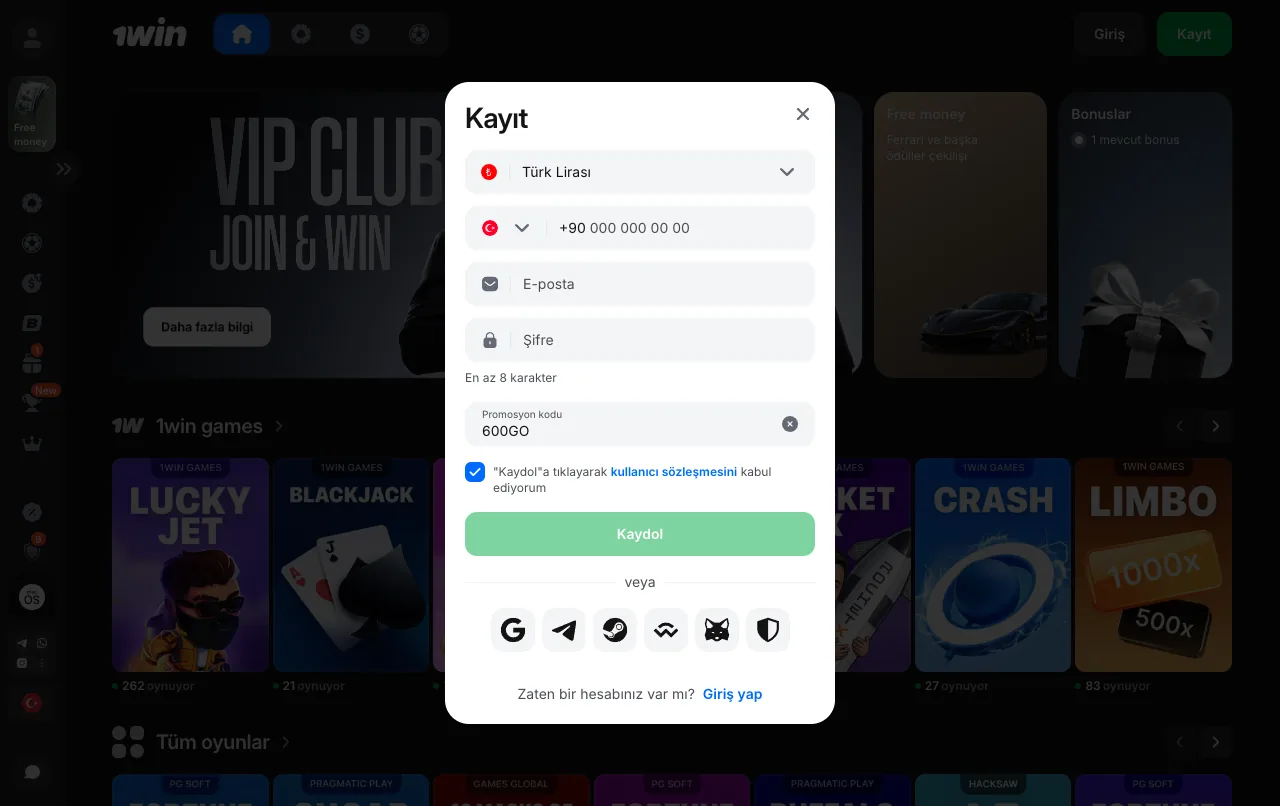 1win kayıt formu: hesap para birimi, telefon, e-posta ve promosyon kodu 600GO